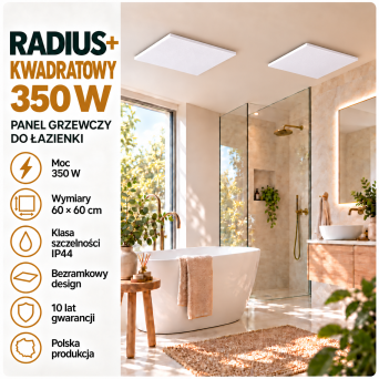 Kwadratowy panel grzewczy do łazienki RADIUS+ 350 W IP44 – 60 × 60 cm